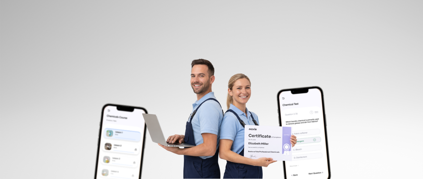 Cleaning company employees using a corporate e-learning platform, showing mobile training interface and completion certificate